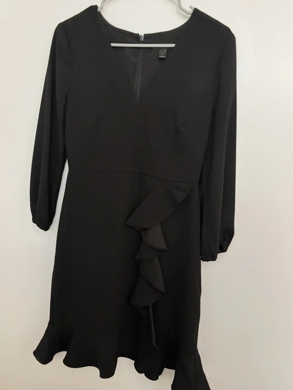 J. Crew Black V-Neck Ruffle-Front Long Sleeve Dress